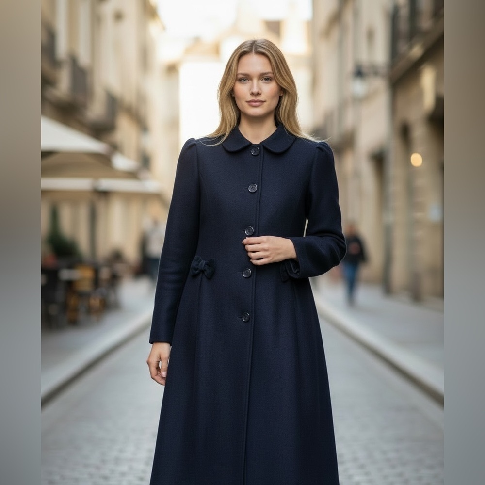 Pierre Cardin Dark Blue Pea Coat with Bow Details - Elevated - Size 12